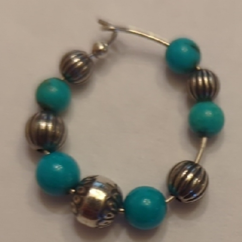 Silver and Turquoise Beaded Hoop Earrings - Picture 4 of 4